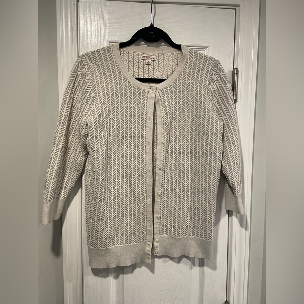 Merona Size L Cream Gray Textured Knit Lightweight 3/4 Sleeve Stretch Cardigan